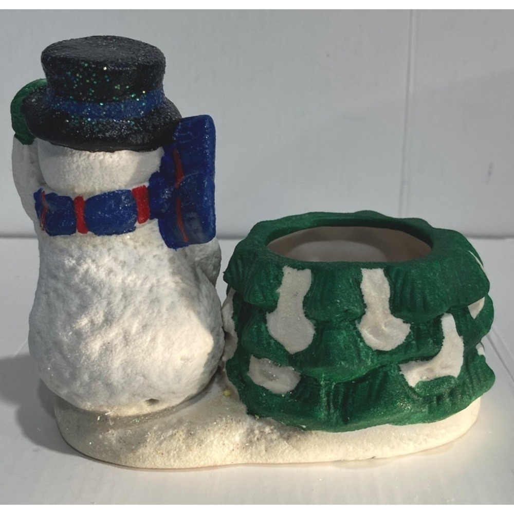 Christmas Snowman Votive Candle Holder Holiday Ceramic Decor 4.5" x 5" x 3" - Picture 4 of 8
